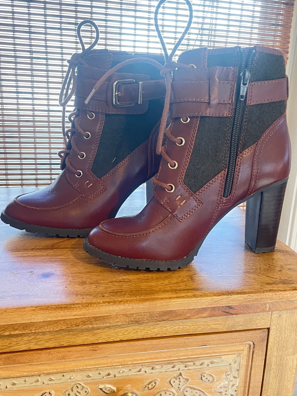 ANTONIO MELANI Burgundy Lace-Up Buckle Block Heel Ankle Boots